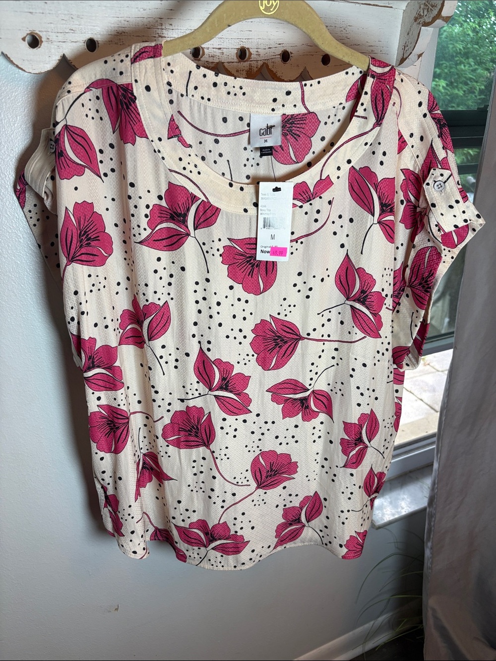 CAbi Pink Floral Short Sleeve Blouse on Cream